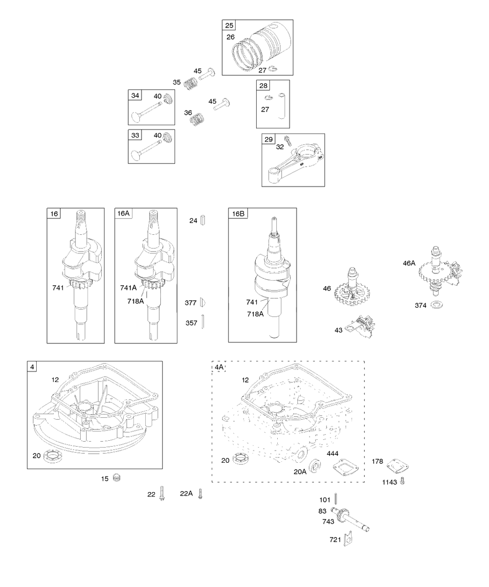 Camshaft, Crankcase Cover/Sump, Crankshaft, Piston/Rings/Connecting Rod Diagram and Parts List for 98982-2049-XX  Briggs and Stratton Engine